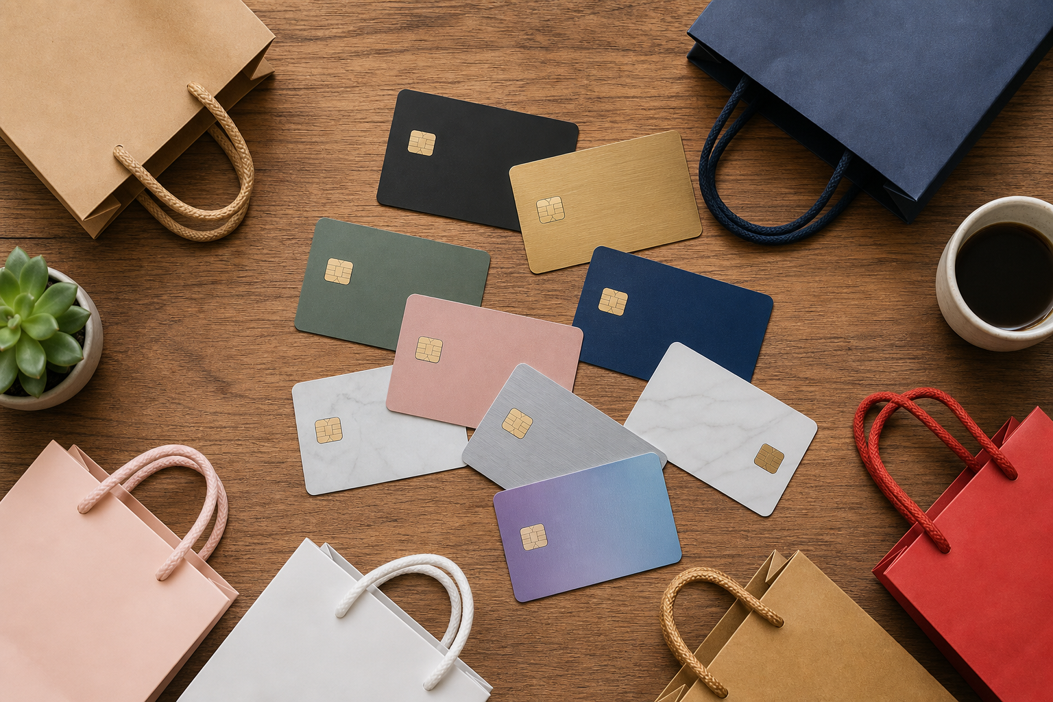 A flat-lay overhead view of multiple credit cards and shopping bags spread across a wooden desk, symbolizing overlapping financial obligations and multiple simultaneous purchases, warm natural lighting, clean minimalist style