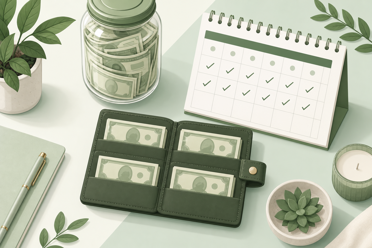 A flat-lay illustration showing a budget being managed comfortably, with a wallet containing cash divided into four equal portions, a calendar with evenly spaced checkmarks spread across weeks, and a savings jar remaining full in the background, representing financial relief and controlled spending, modern minimal style, soft green and white color palette, no text or numbers