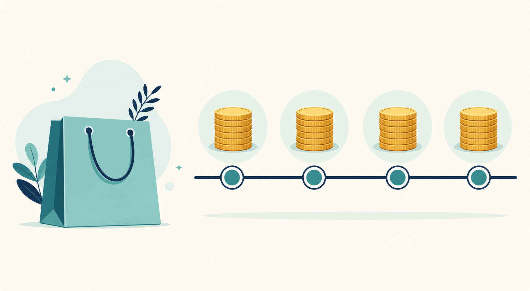 Teal shopping bag beside four equal coin stacks on a timeline.