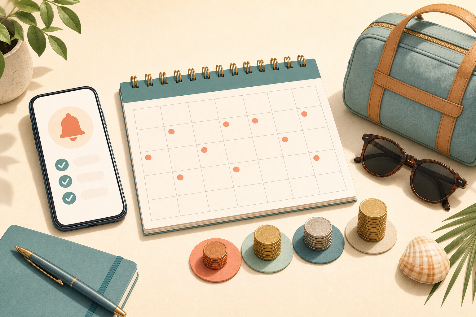 Phone with a bell icon, a calendar with dots, coin stacks, a travel bag, and sunglasses.