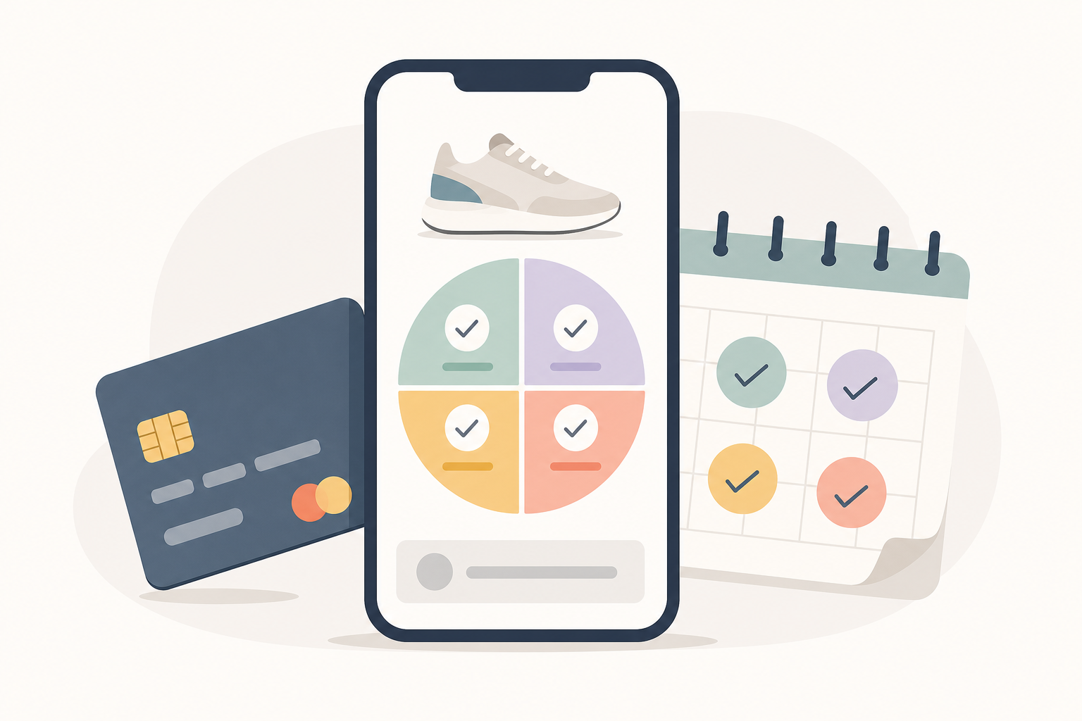 Phone showing a sneaker and a four-part checked circle, beside a payment card and a calendar.