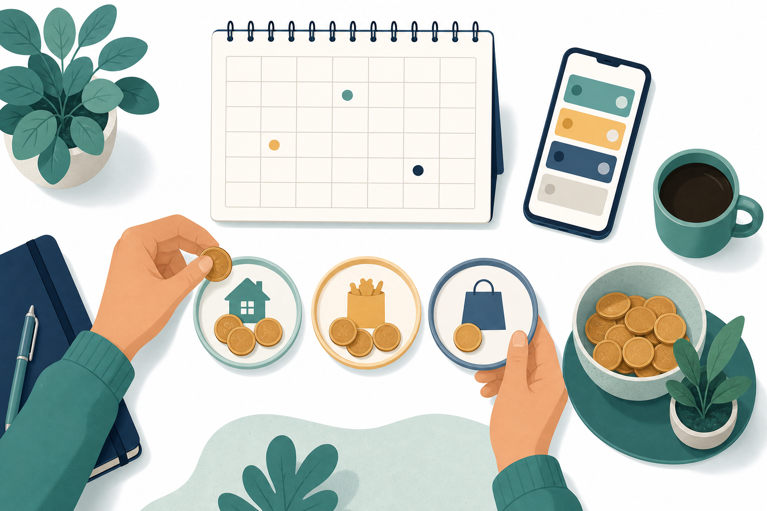 Hands sorting coins into dishes marked with a house, a grocery bag, and a shopping bag, beside a calendar, a phone, and a bowl of coins.