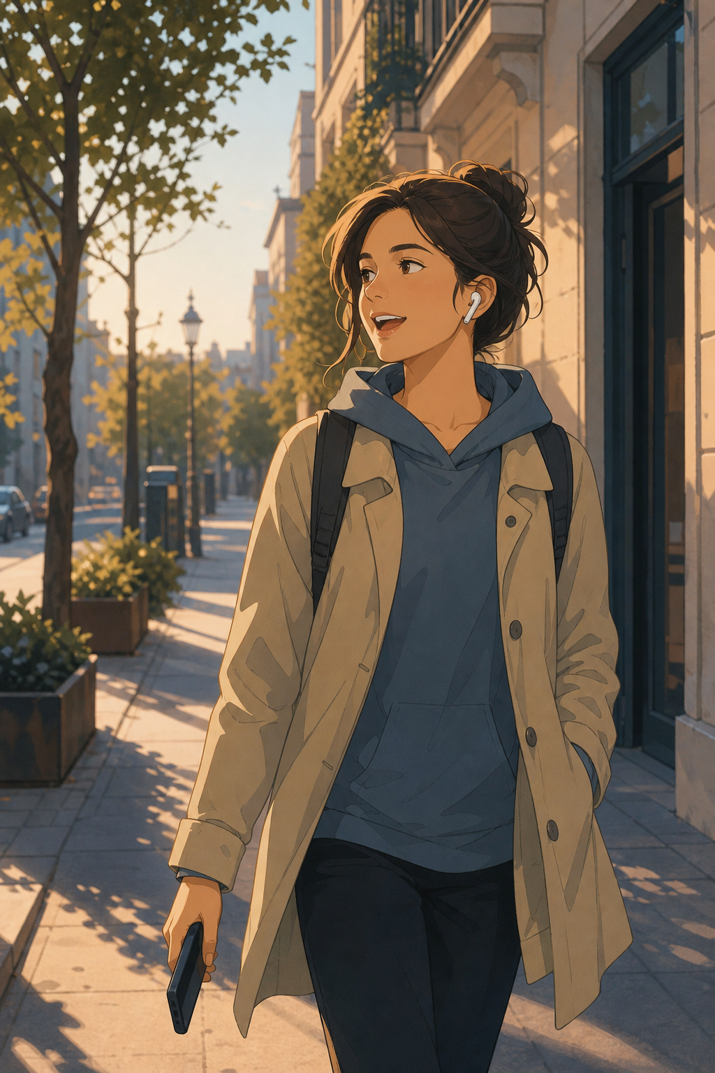A young adult walking outdoors on a city sidewalk during early morning, wearing wireless earbuds, holding a smartphone at their side, appearing calm and focused as they speak aloud, warm golden morning light, urban background with blurred buildings and trees, flat illustration style with muted blues and warm neutrals, no text or letters visible anywhere