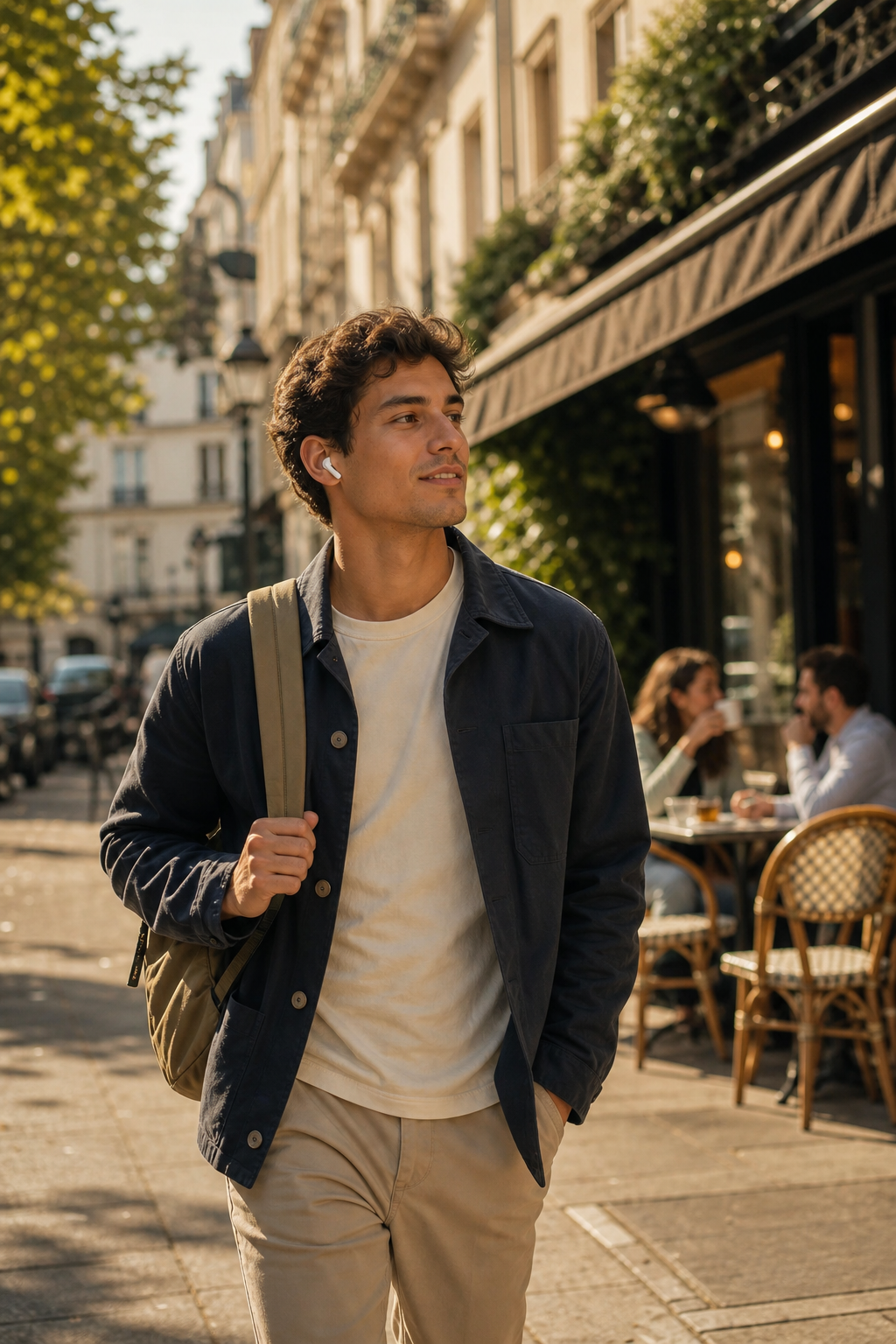 A person walking along a sunlit urban street wearing wireless earbuds, relaxed and focused, mid-stride past a European-style café with warm morning light, soft depth of field, candid lifestyle photography feel, no text or signage visible
