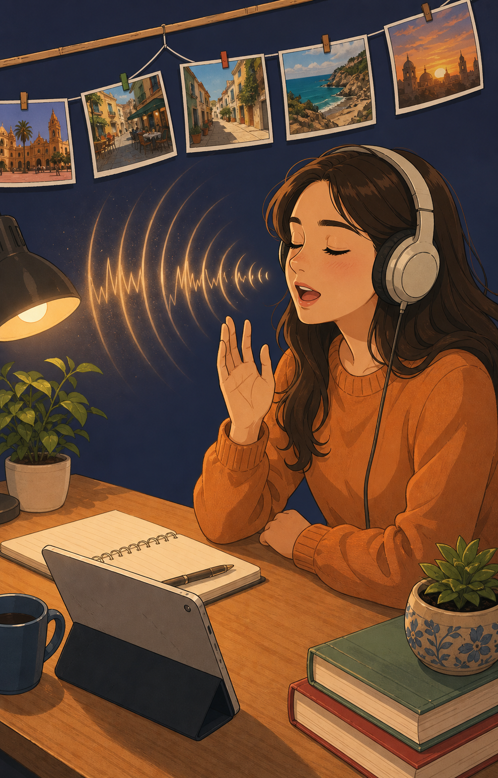 A person wearing headphones, eyes closed in concentration, mouth slightly open as if speaking aloud, sitting at a desk with soft warm lighting. The scene conveys focused listening and speaking practice, with sound wave ripples subtly visualized in the air around them. Clean, modern illustration style with warm tones.