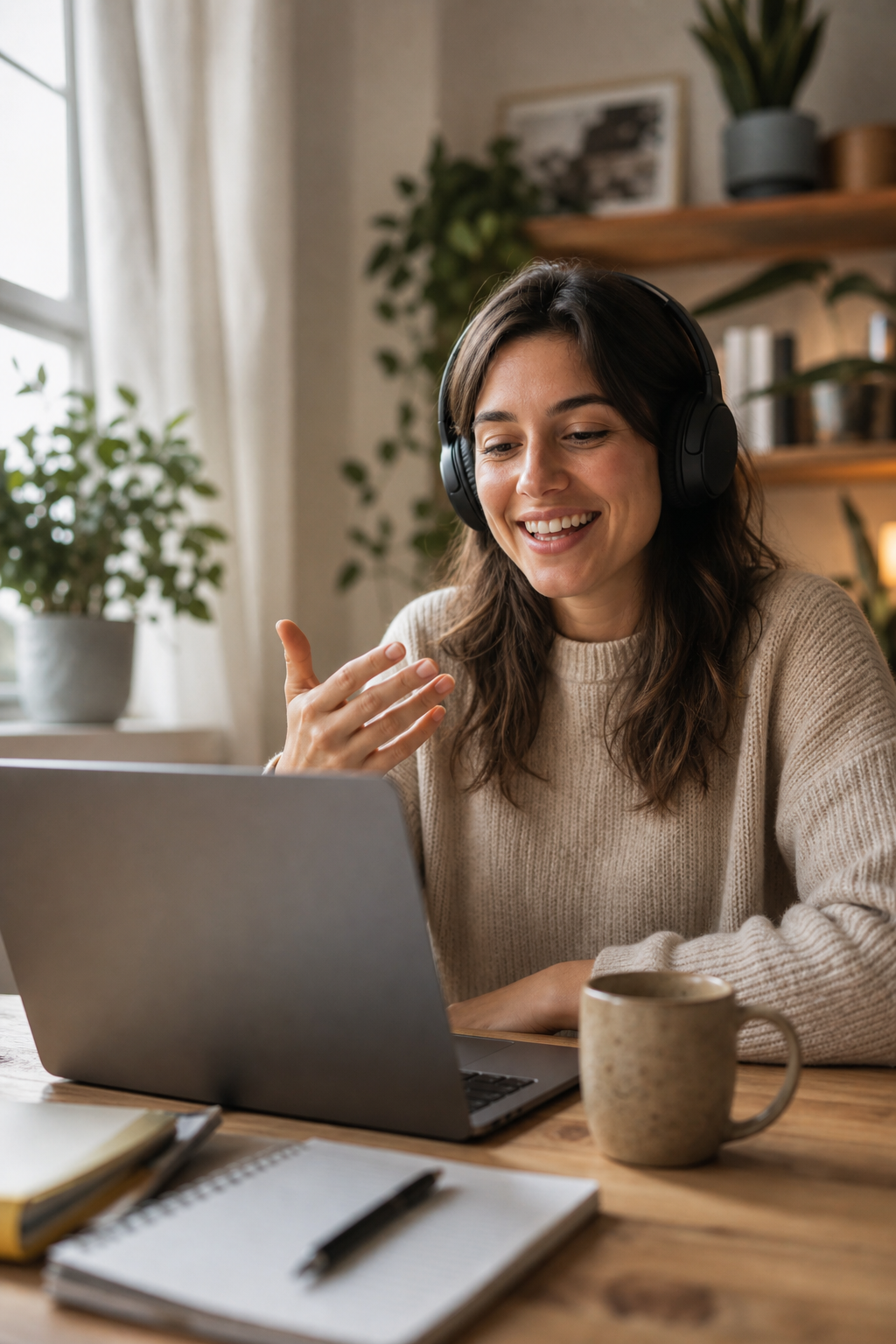 A person sitting at a home desk with a laptop open, wearing over-ear headphones, mid-conversation with a slight smile, gesturing naturally with one hand as if speaking. Soft natural window light from the side, warm and inviting home office atmosphere, plants and a coffee mug in the background, shallow depth of field. Candid documentary photography style, realistic, no signage, no readable displays, no text of any kind anywhere in the image.