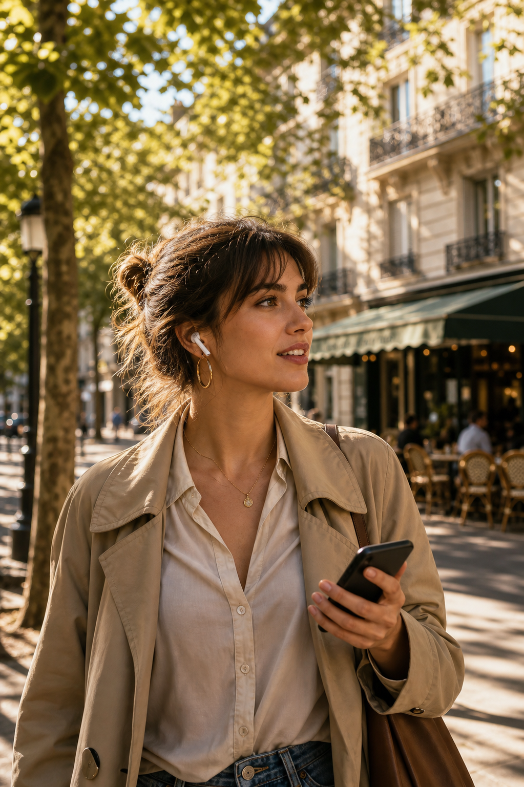 A cinematic over-the-shoulder scene of a young adult walking along a tree-lined Parisian street in soft late-afternoon light, wearing wireless earbuds and holding a smartphone casually in one hand. The person's expression is focused and engaged, lips slightly parted as if mid-conversation. Warm golden sunlight filters through plane trees, casting dappled shadows on Haussmann-style buildings in the blurred background. A small café with woven bistro chairs is faintly visible across the street. Editorial photography style, shallow depth of field, warm amber and sage green tones, candid and natural. No signage, no visible text, no letters, no writing, no numbers anywhere in the scene.