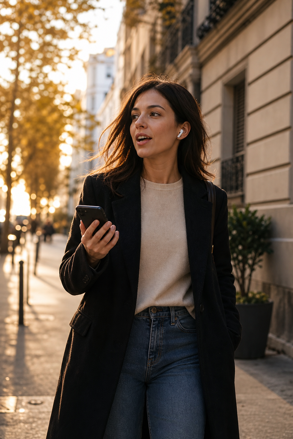 Learner practicing spoken language reps hands-free during a city walk.