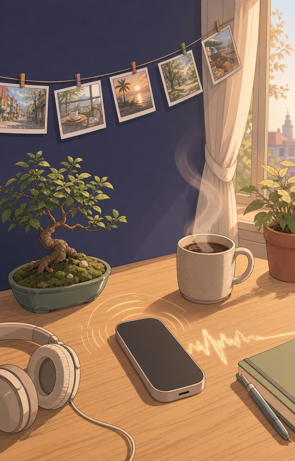 A clean, modern minimalist illustration showing a stylized smartphone or device on a desk at home in the early morning, with soft steam rising from a coffee cup beside it. The scene suggests a daily habit, a morning speaking routine. Warm pastel color palette, soft natural lighting through a window, flat-illustration style. A subtle sound wave or voice ripple emanates from the device suggesting voice conversation. No screens with visible UI, no phones showing content, no text, no words, no letters, no logos, no symbols, no numbers anywhere in the image.
