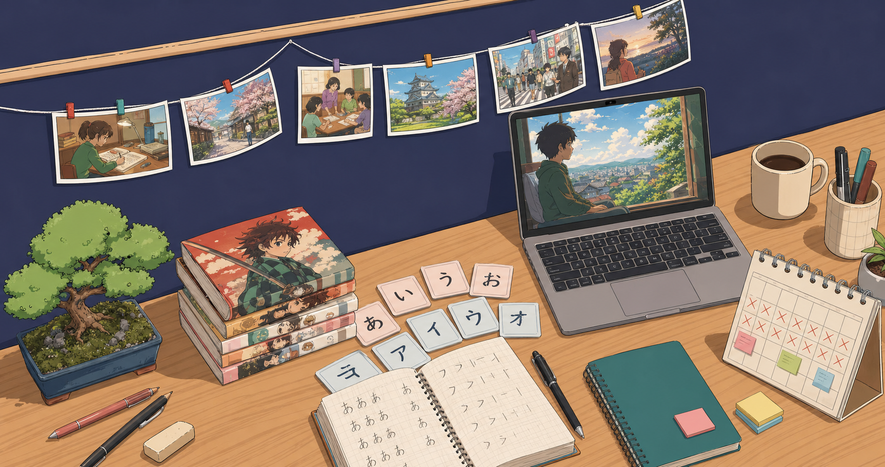 A study desk setup showing Japanese learning progression, with manga volumes stacked on one side, hiragana and katakana flashcards spread out, a laptop displaying an anime scene with Japanese subtitles, notebooks with Japanese writing practice, and a calendar marking off study weeks, warm lighting, organized and motivational atmosphere, top-down view