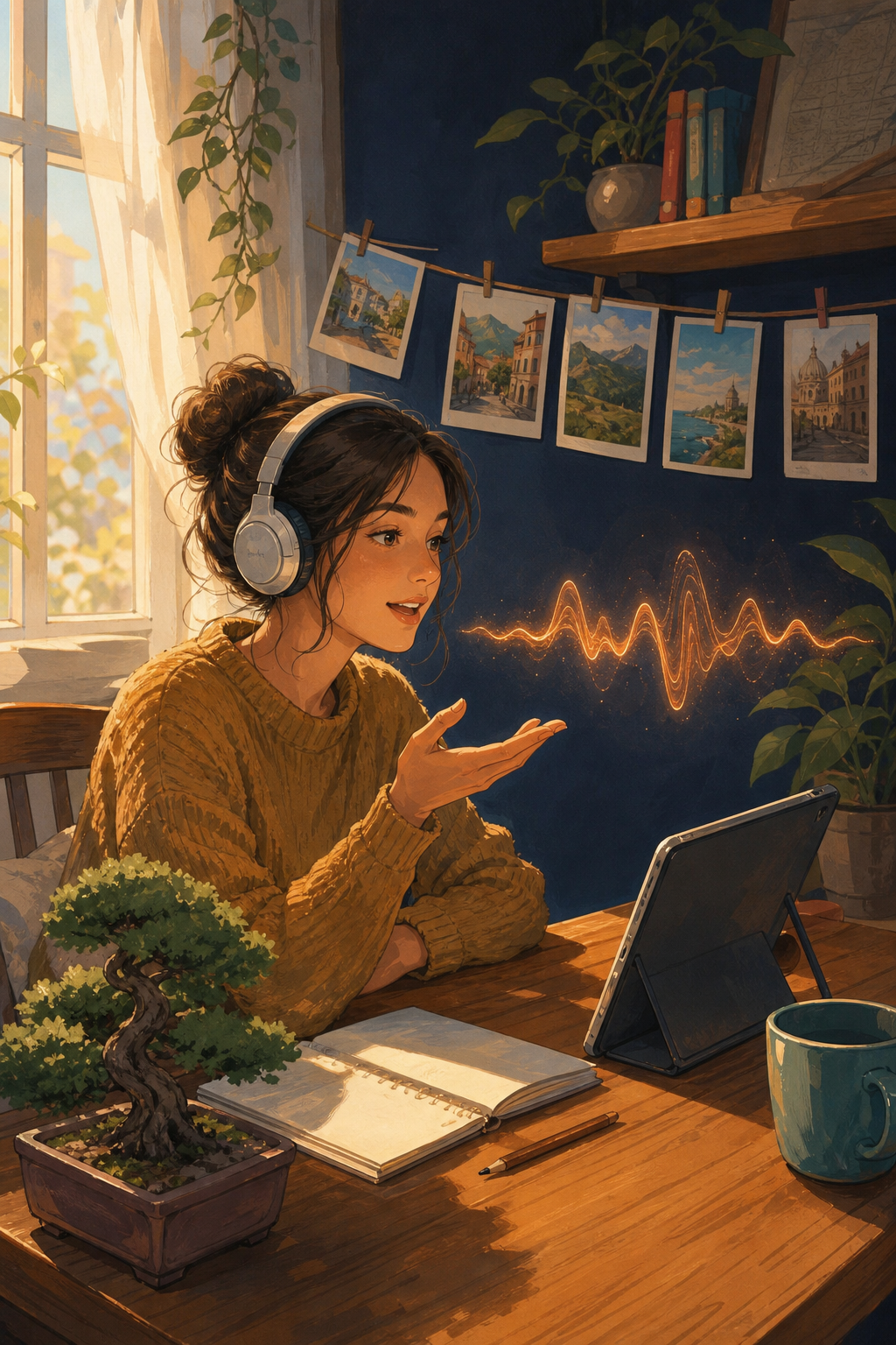 A warm, editorial illustration of a person sitting at a small wooden desk in a cozy home setting, wearing headphones and speaking into the air as if having a conversation. A soft, glowing abstract voice waveform floats in front of them, suggesting a real-time voice conversation with an unseen tutor. The person looks focused and engaged, mid-sentence, with a relaxed posture. Soft morning light comes through a nearby window. Painterly digital art style with muted earth tones, warm oranges, and soft teal accents. No text, no letters, no words, no signs, no writing anywhere in the image. Cinematic composition, editorial illustration style.