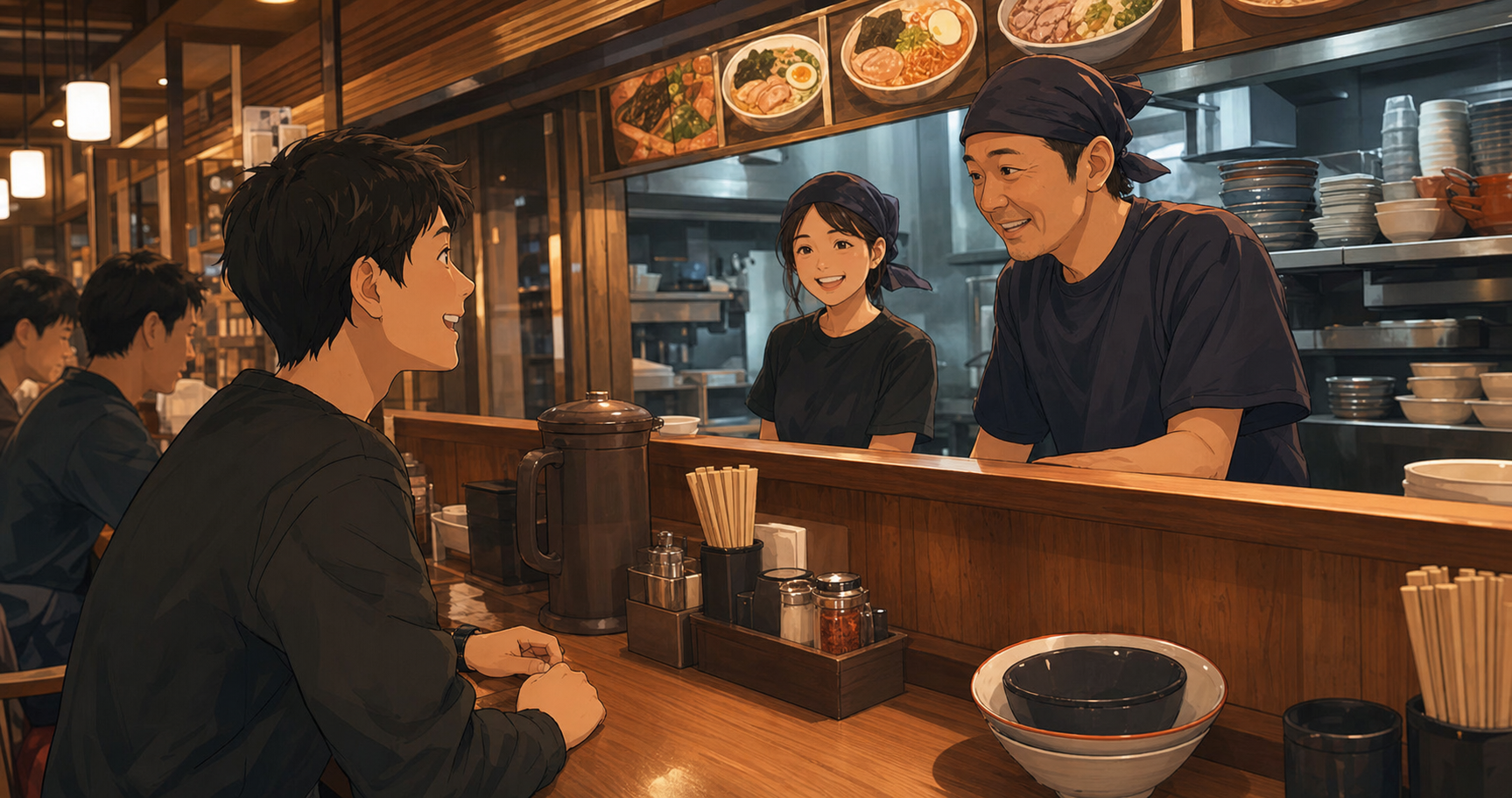 A friendly scene inside a Japanese ramen restaurant, showing a customer at the counter speaking with staff, warm lighting, authentic Japanese interior with wooden counter and menu boards visible in background, casual atmosphere, realistic style, focus on the interaction between people