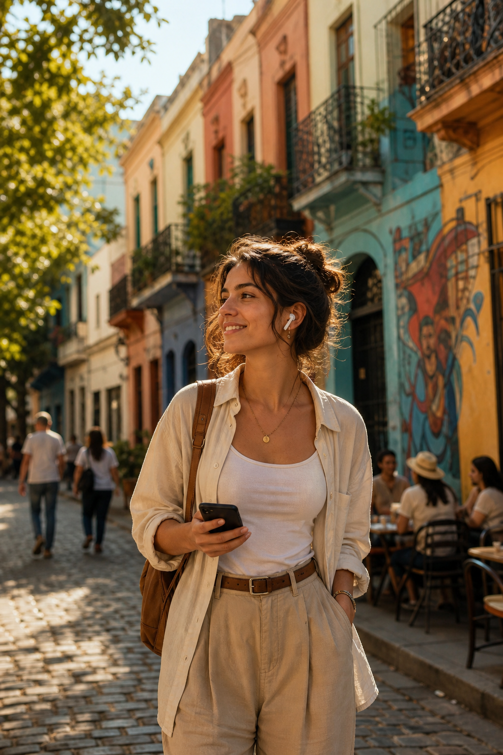 A traveler walking through a sunlit cobblestone street in Buenos Aires with wireless earbuds in, holding a smartphone loosely at their side, casual confident posture. Warm golden afternoon light, colorful South American architecture in the background with balconies and cafes, a few blurred locals in the distance. Cinematic, editorial photography style, shallow depth of field, natural colors, no text or signage visible.