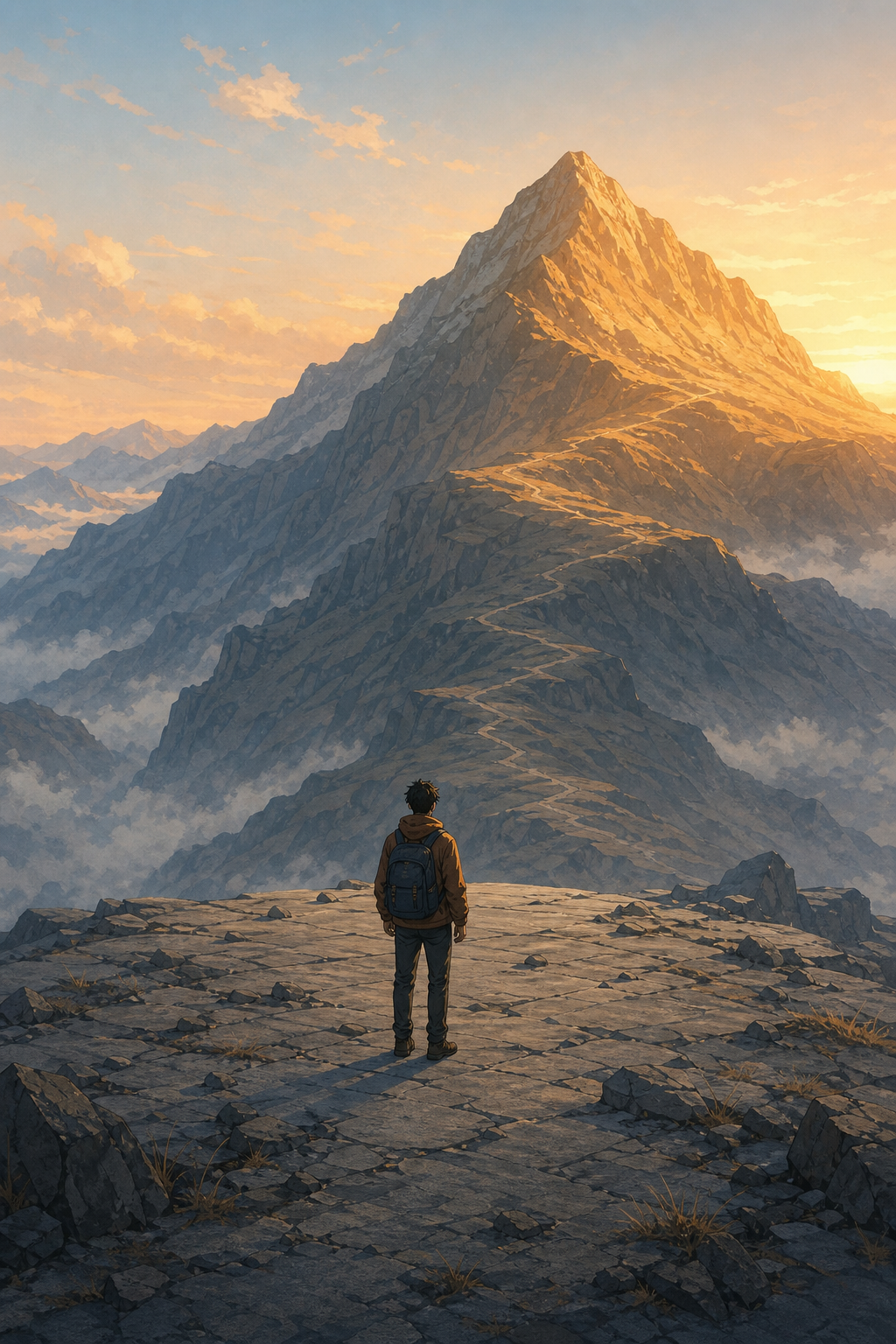 A conceptual illustration of a person standing on a flat mountain plateau, looking up at a higher peak still ahead of them. The person is small, seen from behind, wearing casual clothes with a backpack. The plateau is wide and gray-toned, suggesting a stuck feeling. The next peak rises in warm sunrise light, symbolizing progress ahead. Soft, editorial illustration style with muted earth tones and a hint of warm gold light. No text, no letters, no words, no signs anywhere in the image. Cinematic composition, painterly digital art style.