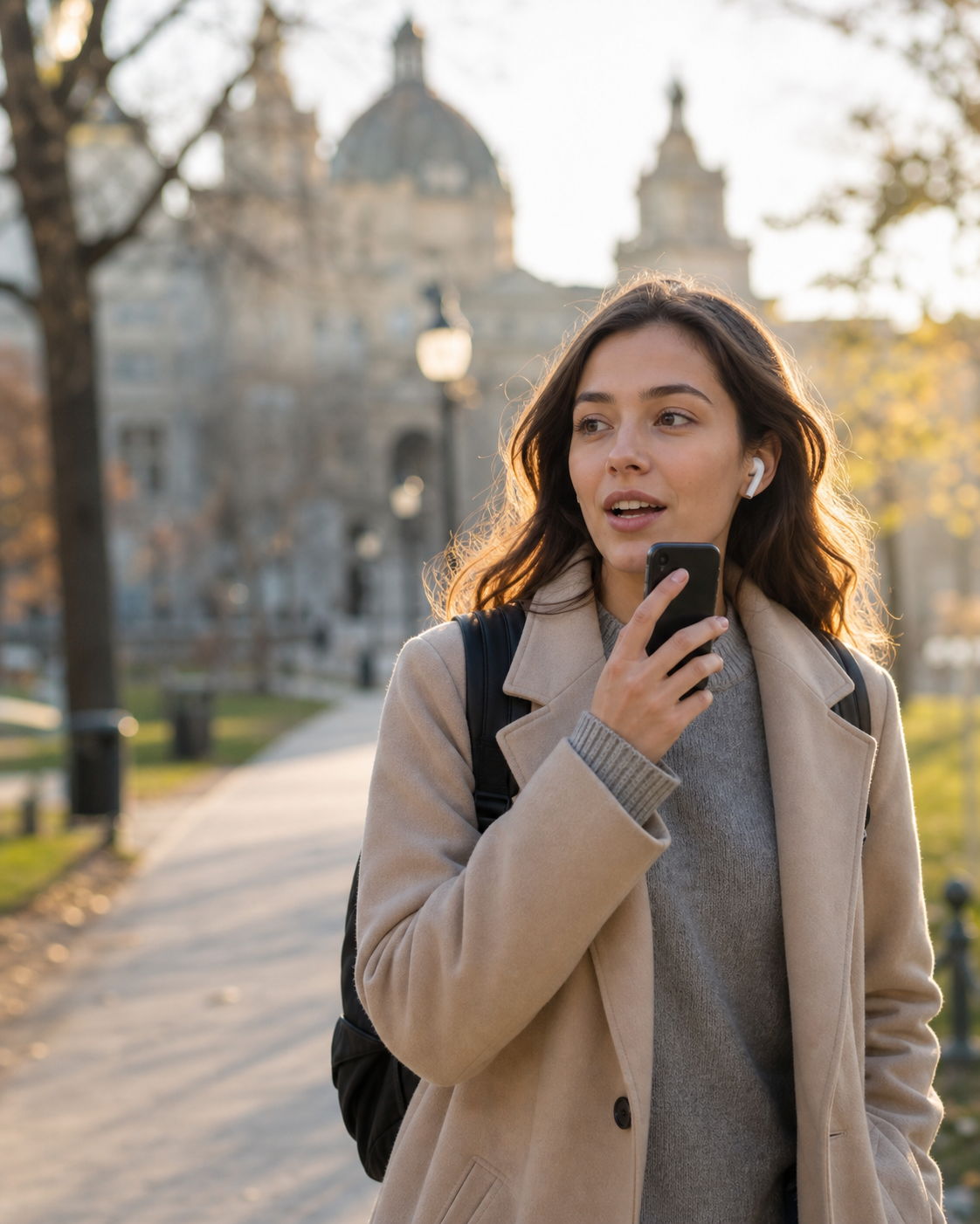 A person walking outdoors through a city park in the early morning with earbuds in, mid-conversation, mouth slightly open as if speaking. Soft natural lighting, candid documentary photography style, shallow depth of field with blurred urban background. No text, no words, no letters, no signs, no logos anywhere in the image. Clean, warm, editorial feel.