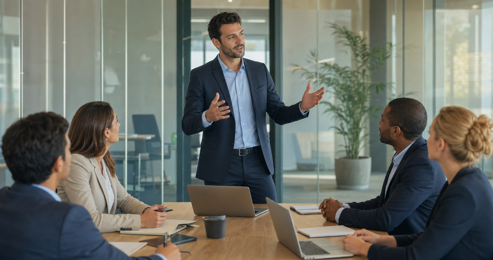 Professional business person presenting to a small group in a modern French office meeting room, confident speaker gesturing while colleagues listen attentively, clean corporate setting with glass walls, natural daylight, diverse professional audience taking notes, focus on engaged communication and workplace presentation scenario, photorealistic style