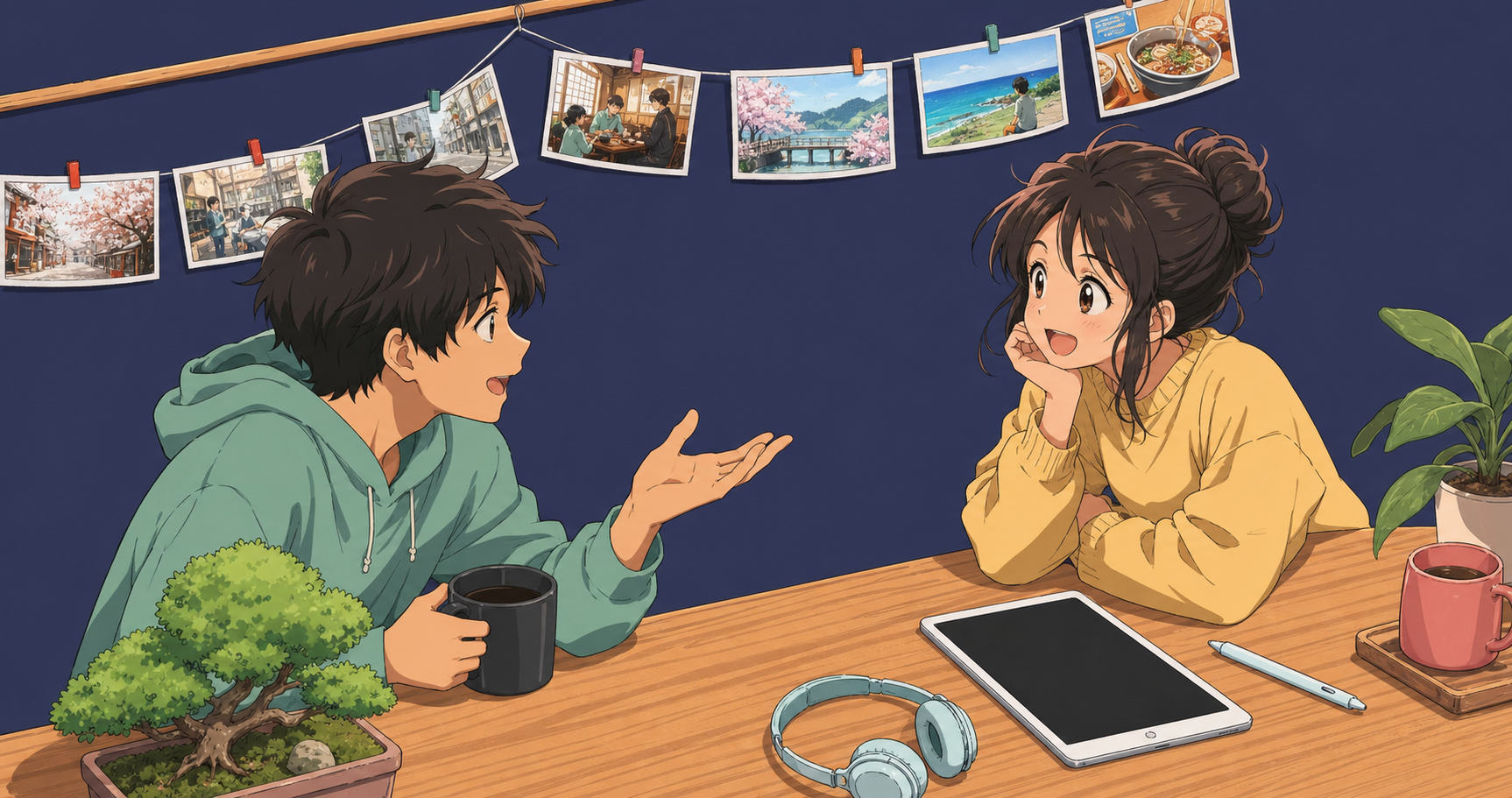 Two anime-style characters having a casual friendly conversation in a modern Japanese setting, showing expressive faces and dynamic gestures typical of anime dialogue, colorful manga art style, vibrant and energetic atmosphere, no text or speech bubbles
