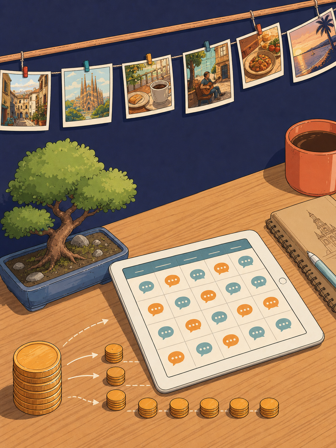 A clean, modern editorial illustration representing the concept of cost-per-session or value-per-use for a subscription service. Show a simple visual metaphor: a stack of coins being divided into many small portions, or a calendar grid with small conversation bubble icons filling the days, suggesting daily practice reduces per-use cost. Soft, warm color palette with blues and oranges. Minimalist flat vector style with subtle gradients. No text, no words, no letters, no numbers anywhere in the image.