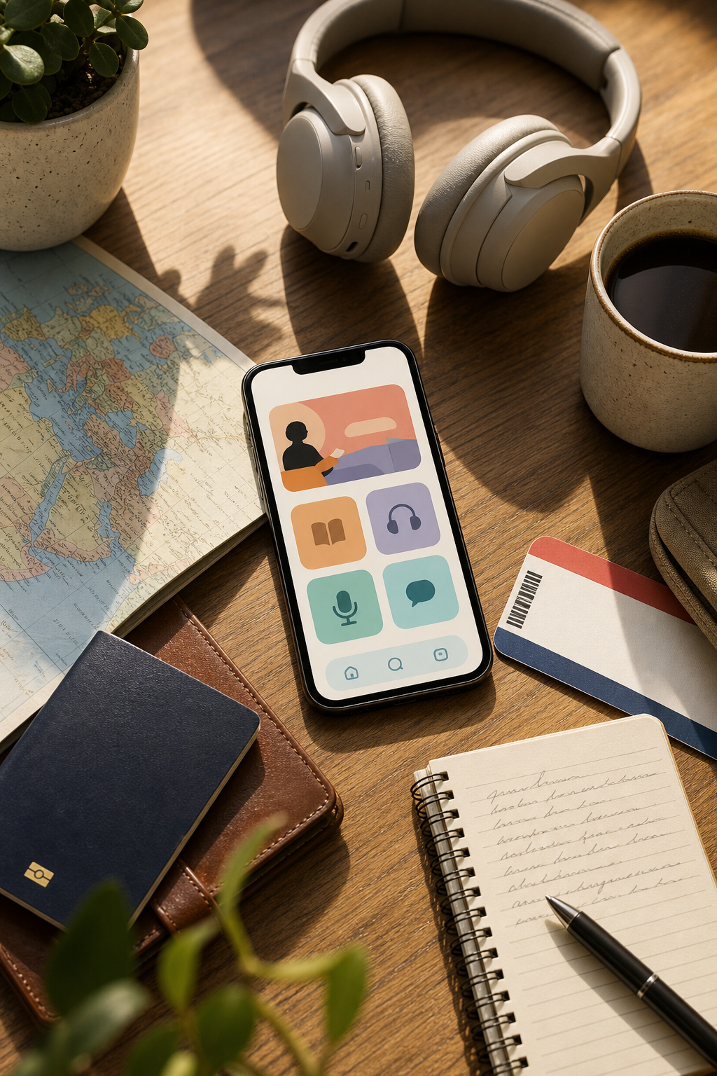 Overhead flat-lay of a traveler's desk showing a smartphone displaying an abstract language app interface (no readable text or letters), a passport, noise-canceling headphones, a small paper notebook with handwritten wavy lines suggesting notes, a folded world map, a boarding-pass-shaped card, and a cup of coffee. Natural morning light, warm neutral tones, editorial photography style, shallow depth of field, clean composition. Absolutely no visible text, words, letters, numbers, logos, or signage anywhere in the image.