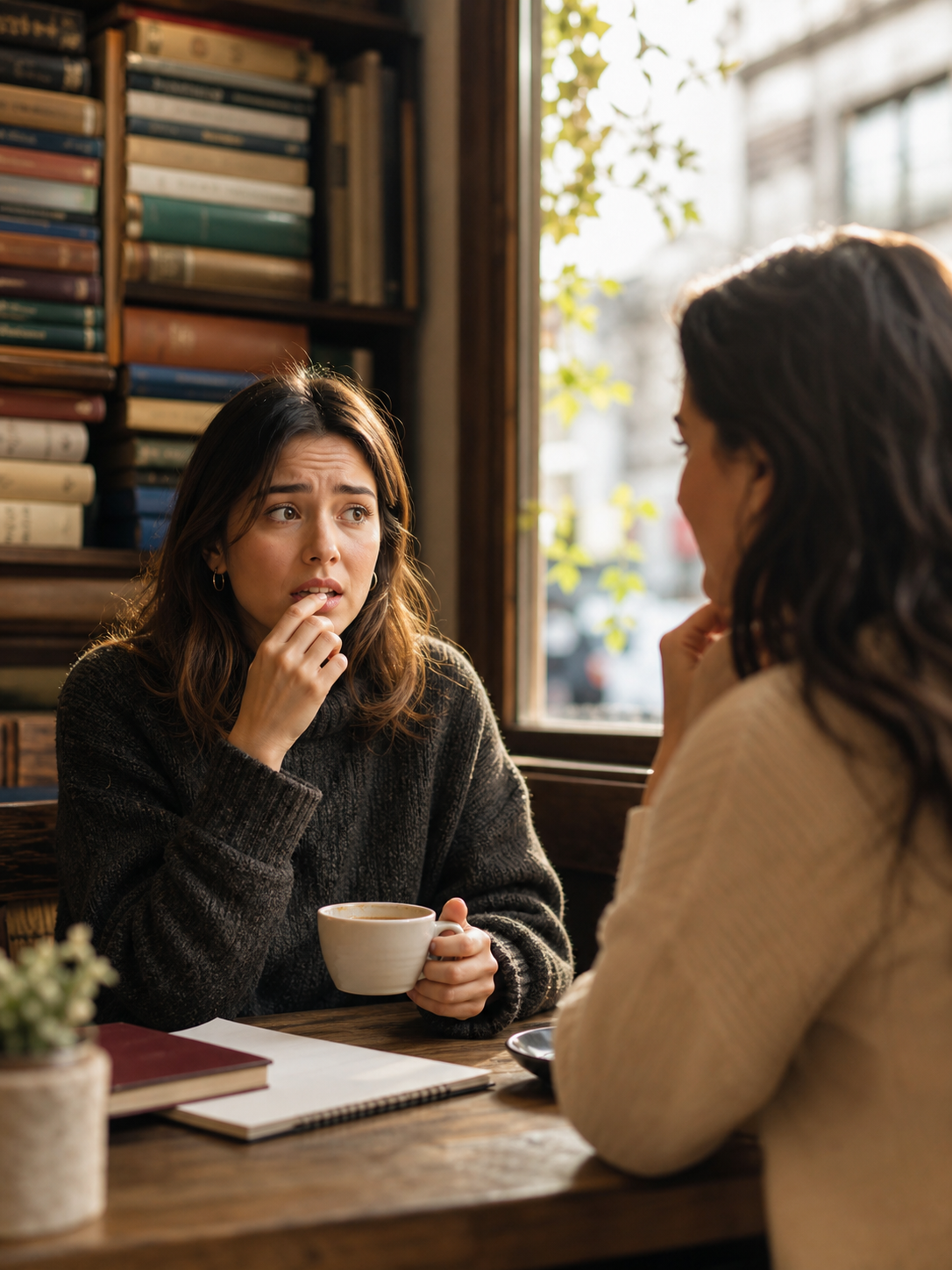 A conceptual illustration showing a person sitting at a cafe table looking hesitant and self-conscious, holding a coffee cup, mouth slightly open as if trying to speak but frozen. Across from them, a friendly conversation partner waits patiently. Soft warm morning light filters through a window. In the background, a bookshelf overflows with thick language textbooks, subtly suggesting the person has studied extensively but struggles to speak. Cinematic photography style, shallow depth of field, warm color palette, no text, no words, no letters, no signage, no readable writing anywhere in the image.