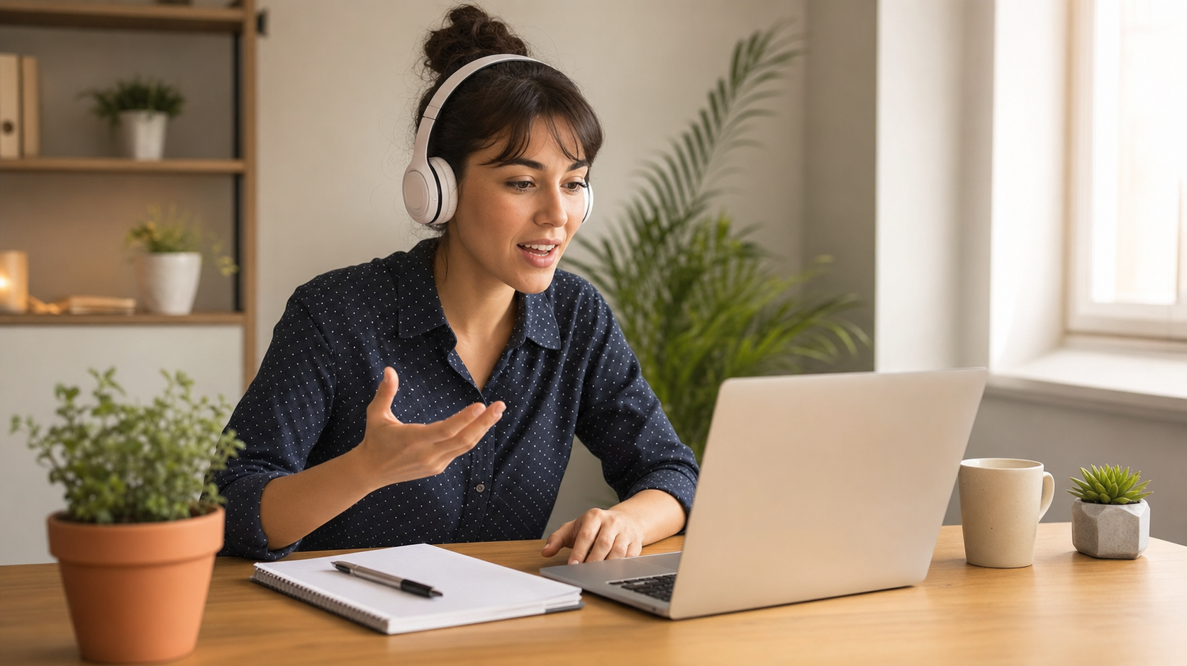 An adult learner actively speaking into a laptop or phone during a language learning session, with visible concentration and engagement. The person is seated at a clean desk in a well-lit home environment, gesturing naturally while practicing speaking. Warm, natural lighting, realistic photography style, showing the active practice of speaking a foreign language with confidence building.