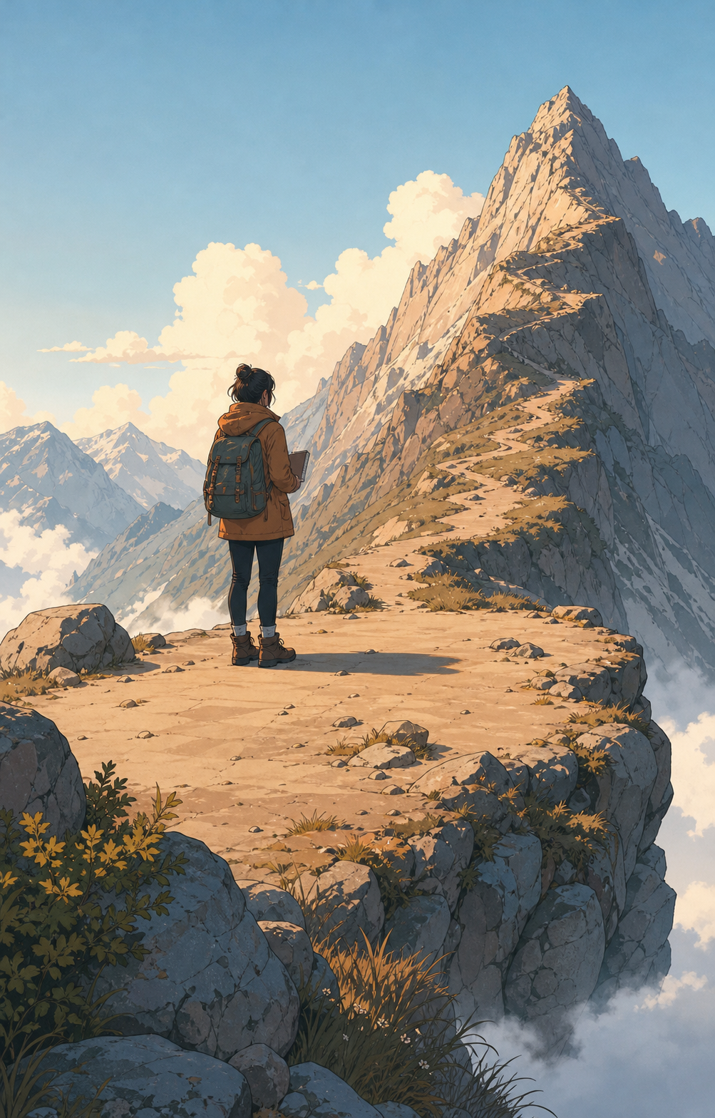 A conceptual illustration of a person standing on a flat plateau partway up a mountain, looking up at the higher peak ahead. The figure is small, viewed from behind, holding a notebook. Soft morning light, muted editorial color palette with warm earth tones and cool blue sky. Minimalist, slightly stylized illustration style with clean shapes and subtle texture. The plateau is clearly visible as a flat shelf between the lower climb and the steeper ascent above. No text, no words, no letters, no signs anywhere in the image.