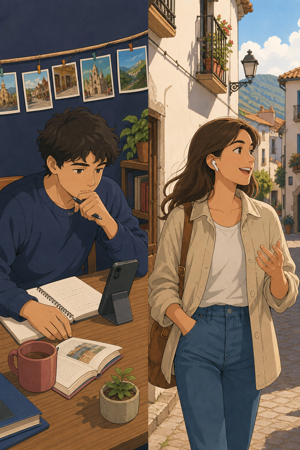 A warm, minimalist illustration showing two contrasting speaking practice styles side by side. On the left: a person sitting at a desk with a notebook and pen, pausing thoughtfully between a smartphone and written notes, suggesting a stop-and-read rhythm. On the right: a person walking outdoors with wireless earbuds, mid-conversation gesture with their hand, suggesting continuous hands-free voice practice. Soft natural lighting, muted earthy color palette with gentle blues and warm neutrals, flat illustration style, clean composition, no text or letters anywhere in the image.