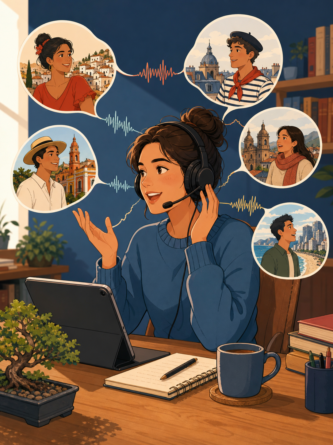 A clean, modern illustration of a person wearing headphones with a microphone, practicing pronunciation. Around them, floating sound waves radiate outward in different directions, suggesting multiple regional accents. Soft, warm color palette with blues and oranges. Minimalist editorial style, no text or letters anywhere in the image. Flat vector illustration aesthetic with subtle gradients.