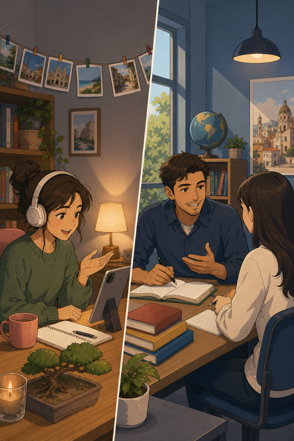 A split-scene illustration showing two contrasting learning environments side by side: on the left, a person sitting alone at a desk with a glowing smartphone or tablet, practicing speaking in a cozy home setting with soft warm light; on the right, a formal classroom or office setting with a human tutor sitting across a table from a student, with books and notes between them. The mood is calm and modern, rendered in a clean flat-design style with muted blues and warm neutrals.