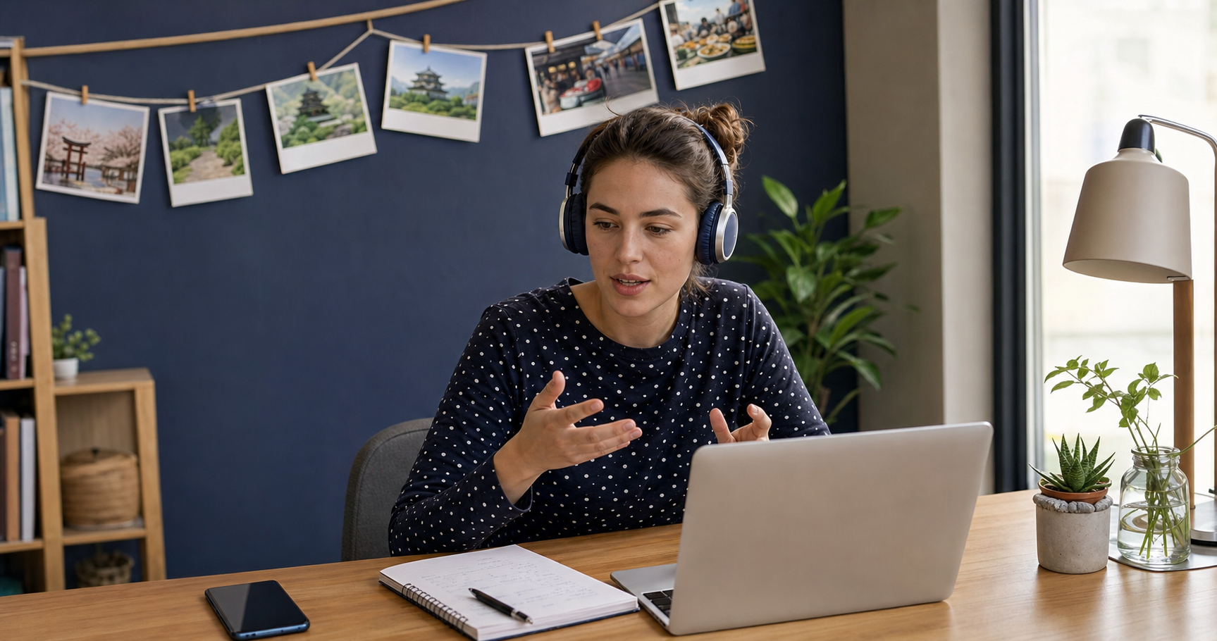 A focused adult in their late 20s or early 30s sitting at a clean desk in a comfortable home office or quiet room, wearing headphones and speaking into a laptop microphone during a language practice session. The person has a thoughtful, engaged expression showing concentration and active learning. Natural window light, modern minimalist setting, notebook and phone visible on desk. The scene conveys dedicated study and confident practice. Photorealistic style with warm, natural tones emphasizing personal growth and self-improvement.