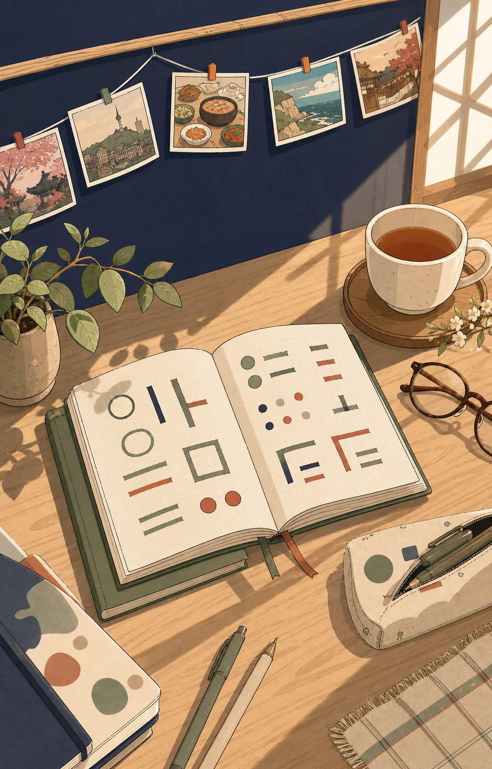 A warm, editorial-style illustration showing an abstract representation of the Korean language learning experience for English speakers. Depict a stylized study desk from above with an open notebook showing hand-drawn geometric shapes suggesting Hangul consonant and vowel building blocks (circles, squares, horizontal and vertical lines forming block-like clusters) — but without any actual readable letters or characters. Include a warm cup of tea, a pair of reading glasses, and soft morning light coming from the side. Muted, sophisticated color palette with cream, sage green, terracotta, and deep navy accents. Flat illustration style with subtle texture, gentle shadows, no photorealism. No text, no words, no letters, no readable characters anywhere in the image.