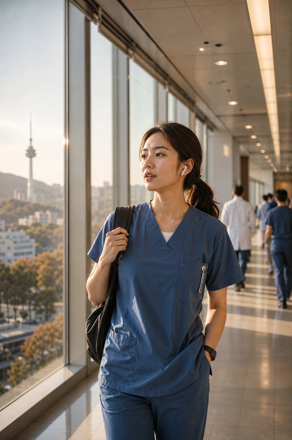A nurse in scrubs walking through a bright hospital corridor in Seoul during morning commute, wearing wireless earbuds, looking focused and calm as she mouths words to herself practicing a foreign language. Warm natural morning light, soft depth of field, cinematic photorealistic style, no text or signage visible.