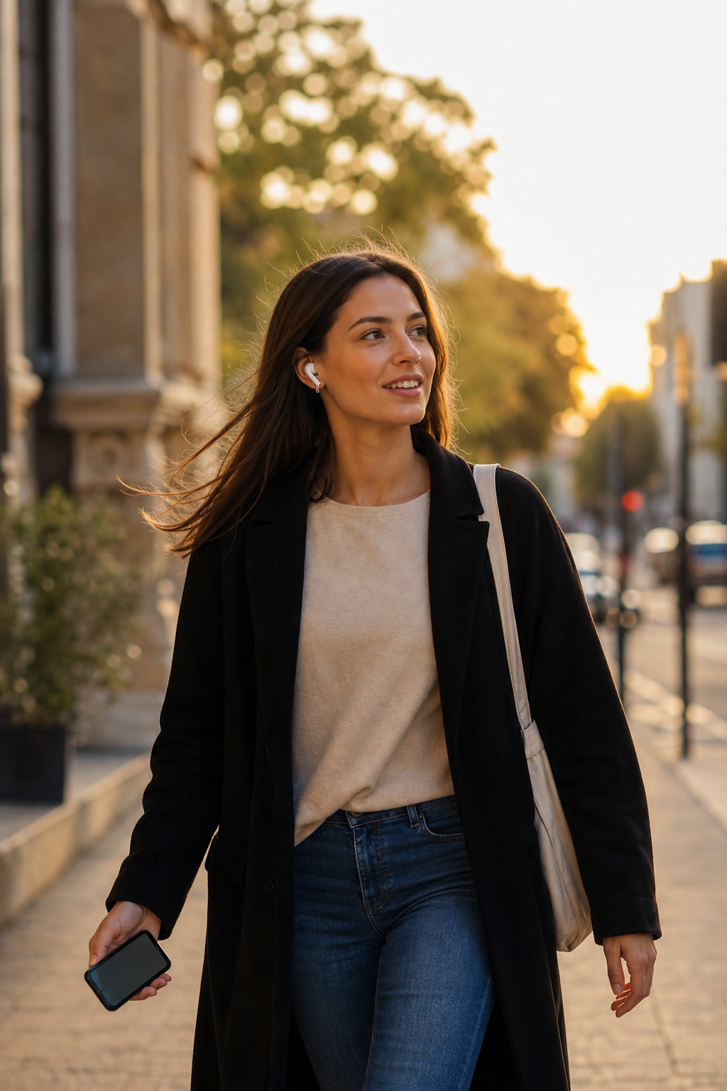 A person walking outdoors on a city sidewalk during golden hour, wearing wireless earbuds, smartphone visible in their hand at their side with the screen dimmed. Casual, natural pose mid-stride. Soft, warm cinematic lighting, shallow depth of field, blurred urban background with trees and buildings. Candid documentary photography style, realistic, no signage, no readable displays, no text of any kind anywhere in the image.