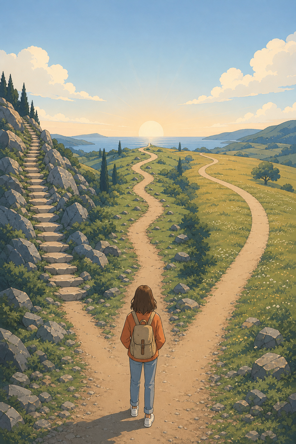 A conceptual editorial illustration representing time commitment and pacing in language learning. A simple visual metaphor: three parallel paths or tracks of different lengths stretching into the distance, suggesting different speeds of progress — a short steep path, a medium path, and a long gentle path, all leading toward the same horizon point. Soft, muted editorial illustration style with a limited color palette of blues, warm beiges, and a single accent color. Clean, minimal, flat vector style suitable for a professional blog. No text, no letters, no numbers, no words anywhere in the image.
