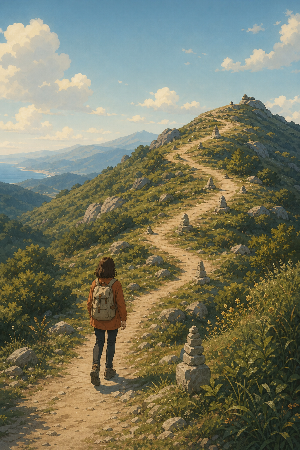 A conceptual editorial illustration of a winding path or trail ascending from a lower flat section up toward a distant higher ridge, with small milestone markers (simple stone cairns or wooden posts, no signs) spaced along the trail suggesting progress over time. A single small figure viewed from behind walks the path, carrying a light backpack. Soft late-afternoon light, muted editorial palette with warm earth tones, sage green, and cool blue distance. Minimalist, slightly stylized illustration style with clean shapes and subtle texture. No text, no words, no letters, no numbers, no signs, no symbols anywhere in the image.