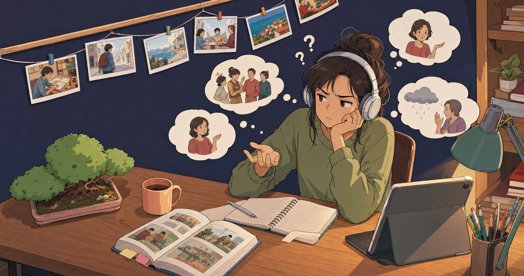 A frustrated adult learner sitting at a desk with headphones on, looking confused while trying to speak, with thought bubbles showing Spanish verb conjugations and subjunctive forms floating around their head. The scene should convey the feeling of being stuck at an intermediate language learning plateau, with warm lighting and a relatable, realistic style. No text or letters should appear in the image.