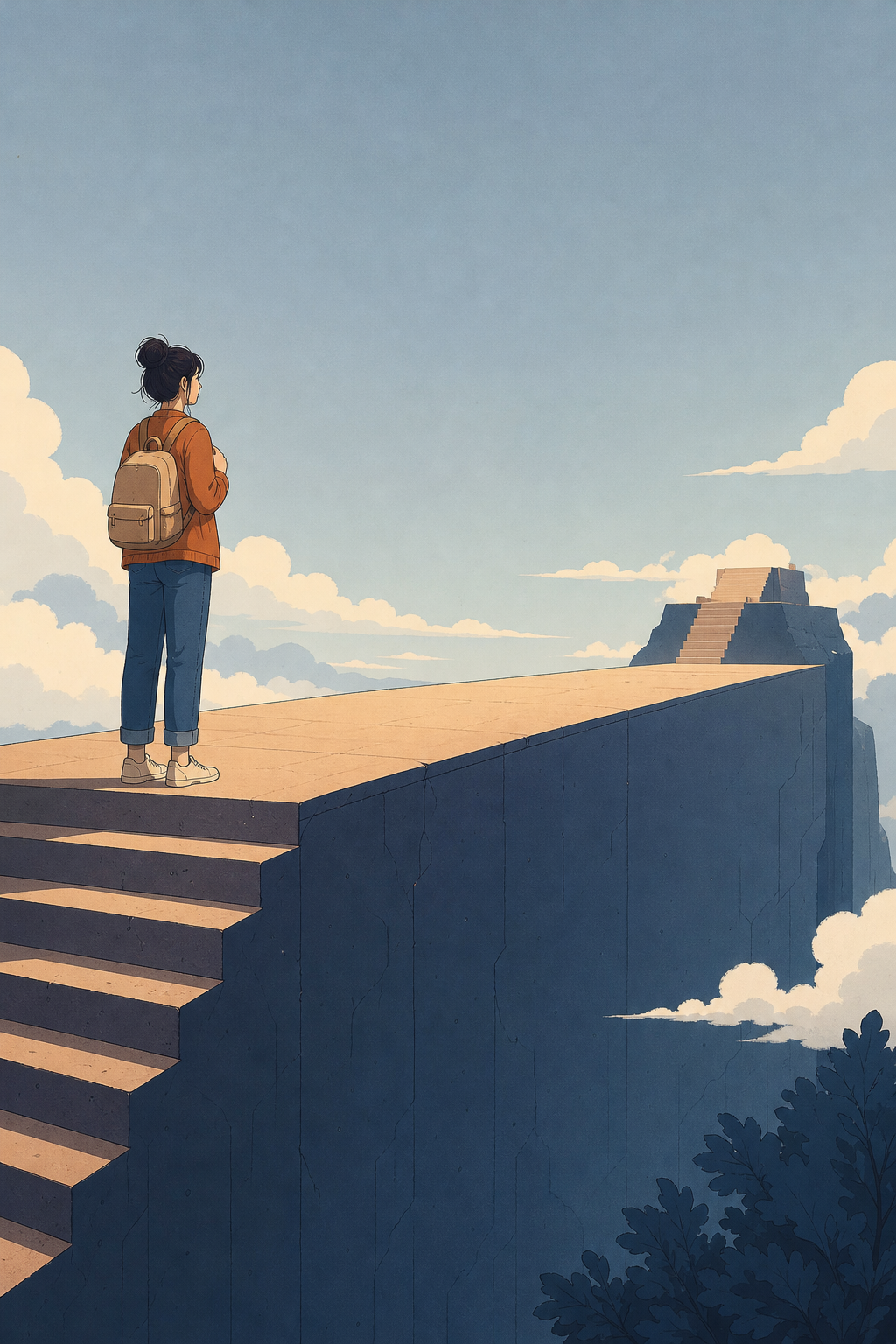 A conceptual illustration of a language learner hitting an invisible wall or plateau. A person stands at the top of a staircase that suddenly flattens into a long horizontal plateau, with the next step up visible but far away in the distance. Soft, muted editorial illustration style with a limited color palette of blues, warm beiges, and a single accent color. Clean, minimal, flat vector style suitable for a professional blog. No text, no letters, no words anywhere in the image.