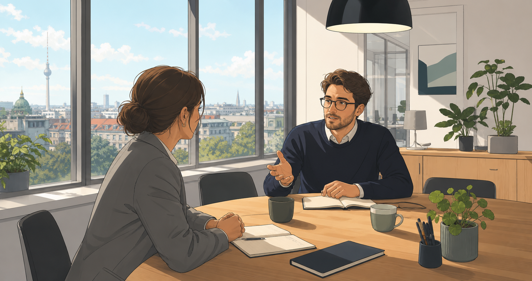 A professional German office setting with two colleagues at a modern conference table, one person gesturing as they speak, both dressed in business casual attire, warm natural lighting, clean minimalist Scandinavian-style office interior, large windows with city view, coffee cups on the table, notebooks open, conveying a formal yet collaborative business conversation atmosphere