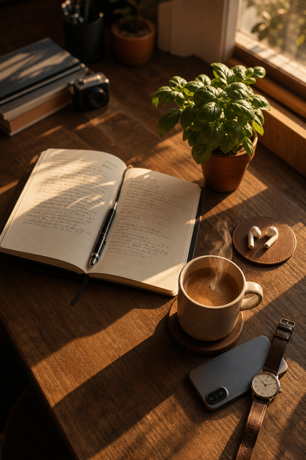 A warm, cinematic overhead scene of a wooden desk in a sunlit home office in the late evening. On the desk: an open notebook with handwritten notes (illegible, no readable text), a steaming espresso cup, a small potted basil plant, wireless earbuds resting on a leather coaster, and a smartphone lying face-down next to a wristwatch. Soft golden hour light streams from a nearby window, casting long shadows. Shallow depth of field, editorial photography style, muted warm color palette with terracotta and cream tones. No visible text, no writing, no letters, no signs, no screens showing content.