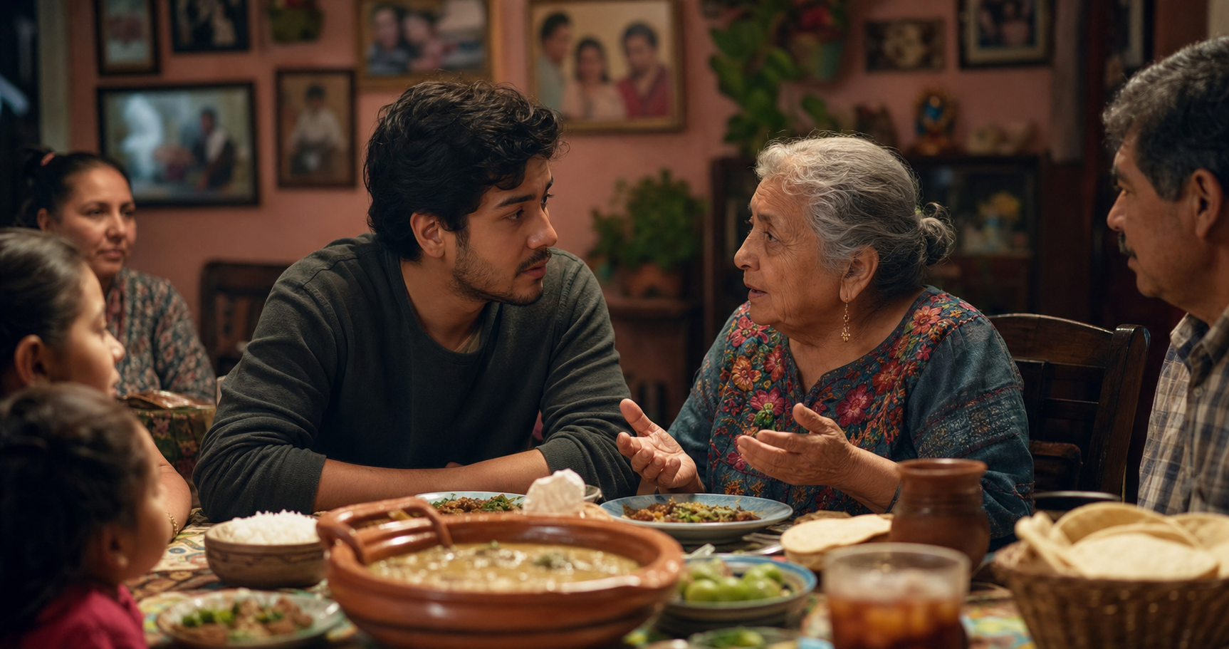 A warm, intimate scene showing a multigenerational Hispanic family gathering around a dining table during a meal, with an adult in their 20s or 30s listening attentively to an elderly grandmother speaking, showing the intergenerational transmission of language and culture. The young adult has a thoughtful, slightly hesitant expression suggesting comprehension but uncertainty about responding. Warm lighting, authentic cultural details like traditional dishes, family photos on walls, creating an atmosphere of home and heritage. Photorealistic style with natural colors and emotional depth.