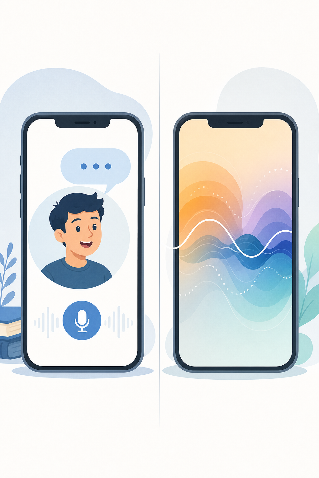 A minimalist conceptual illustration contrasting two styles of voice conversation. On the left, a stylized smartphone screen displays a friendly cartoon avatar character with a speech bubble, representing a structured turn-based lesson interaction. On the right, a smartphone screen shows abstract flowing sound waves and overlapping voice ripples in soft gradient colors, representing fluid, open real-time conversation with no scripted prompts. The two phones are separated by a subtle divider. Clean modern flat design, soft pastel palette of blues, teals, and warm oranges, plenty of white space, no text or letters anywhere in the image.