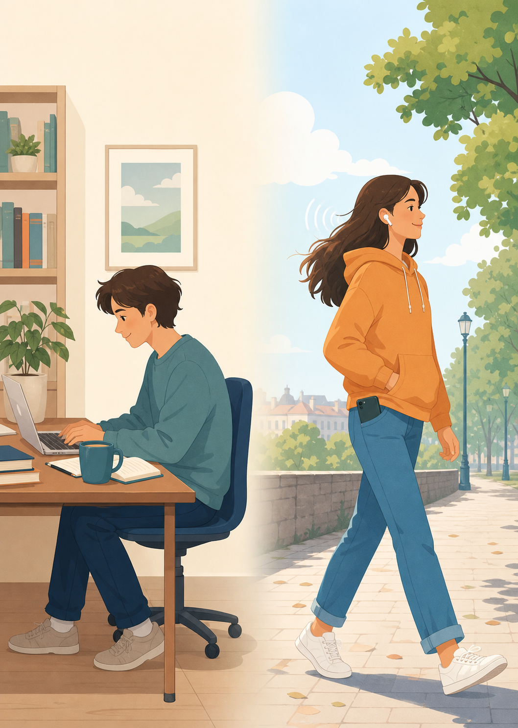 A minimalist conceptual split illustration contrasting two language-learning contexts. On the left, a person sits at a tidy desk with a laptop open, a coffee mug beside them, representing a focused seated study session. On the right, a person walks outdoors on a tree-lined path wearing wireless earbuds, with a smartphone tucked in a pocket and soft sound waves drifting from their ear, representing hands-free voice practice on the go. The two scenes are gently divided by a soft vertical gradient. Clean modern flat vector style, soft pastel palette of blues, teals, and warm oranges, plenty of white space, no text or letters or numbers anywhere in the image.