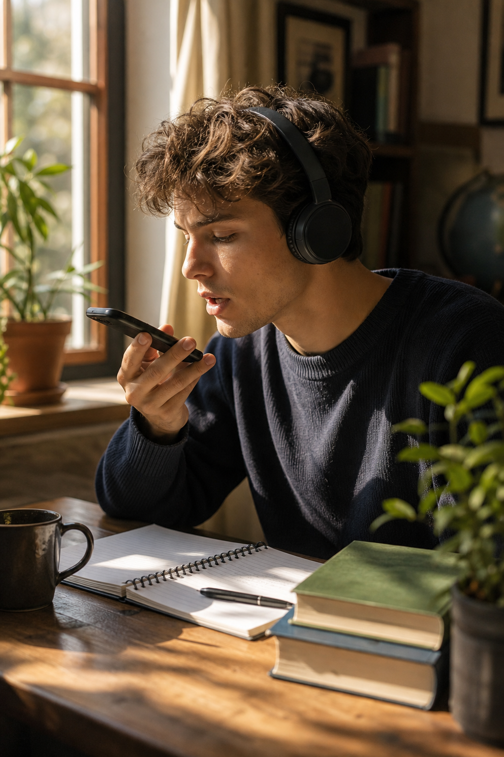 Close-up cinematic photograph of a young adult sitting at a small wooden desk near a window in soft morning light, wearing over-ear headphones and speaking into a smartphone held near their mouth as if repeating a phrase aloud. Their expression is focused and concentrated, mid-sentence, lips slightly parted mid-pronunciation. Warm, natural side lighting, shallow depth of field, muted earthy tones, editorial photography style. The setting suggests intentional pronunciation practice — a quiet, private moment of shadowing spoken audio. No text, no words, no letters, no signs, no logos, no captions, no writing anywhere in the image.