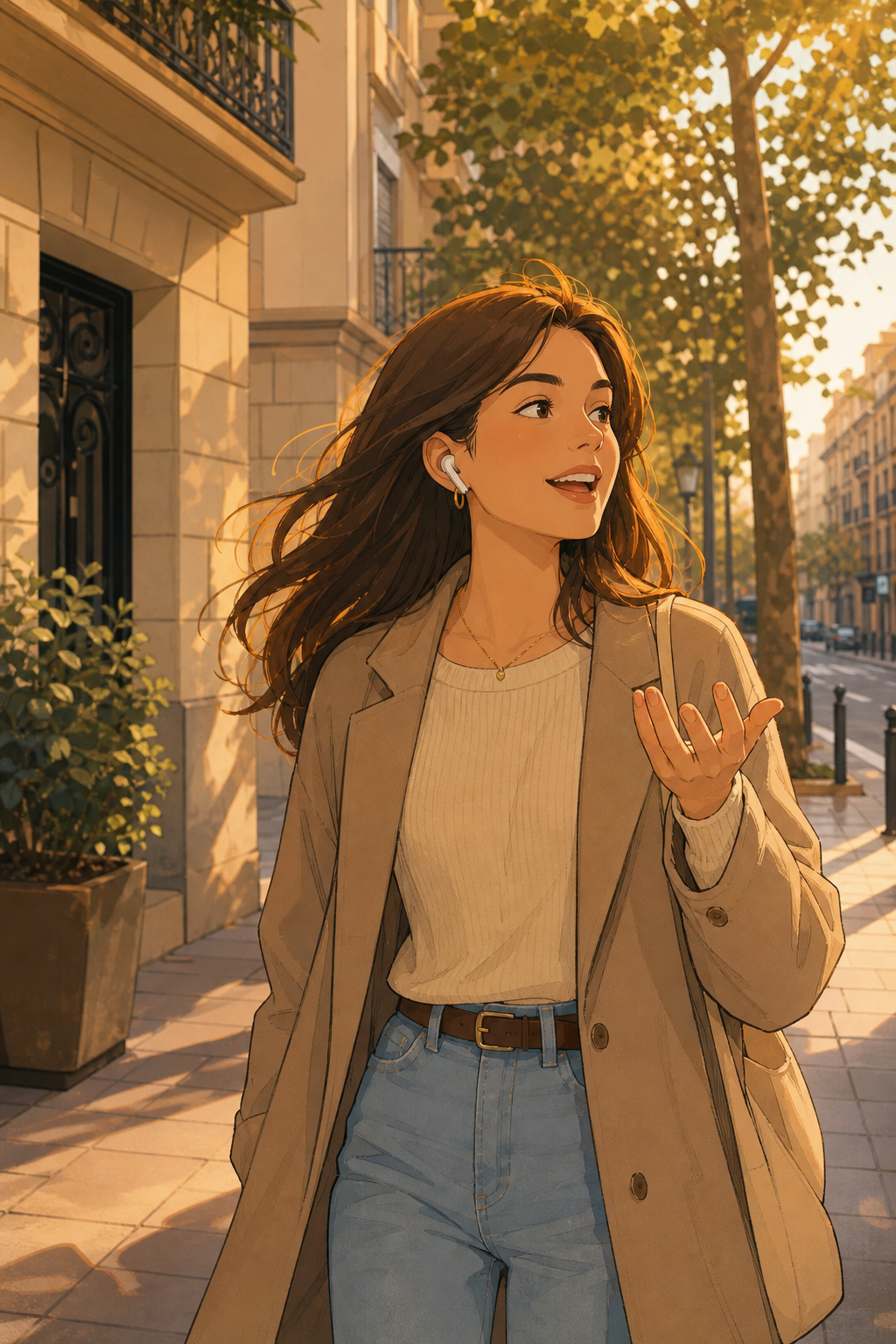 A clean, modern illustration of a person wearing wireless earbuds walking outdoors on a city sidewalk at golden hour, speaking into the air with a relaxed, confident expression. Soft natural lighting, warm pastel color palette, minimalist flat-illustration style. The scene suggests hands-free voice conversation practice while commuting. No screens, no phones visible, no text, no words, no letters, no logos, no symbols anywhere in the image.