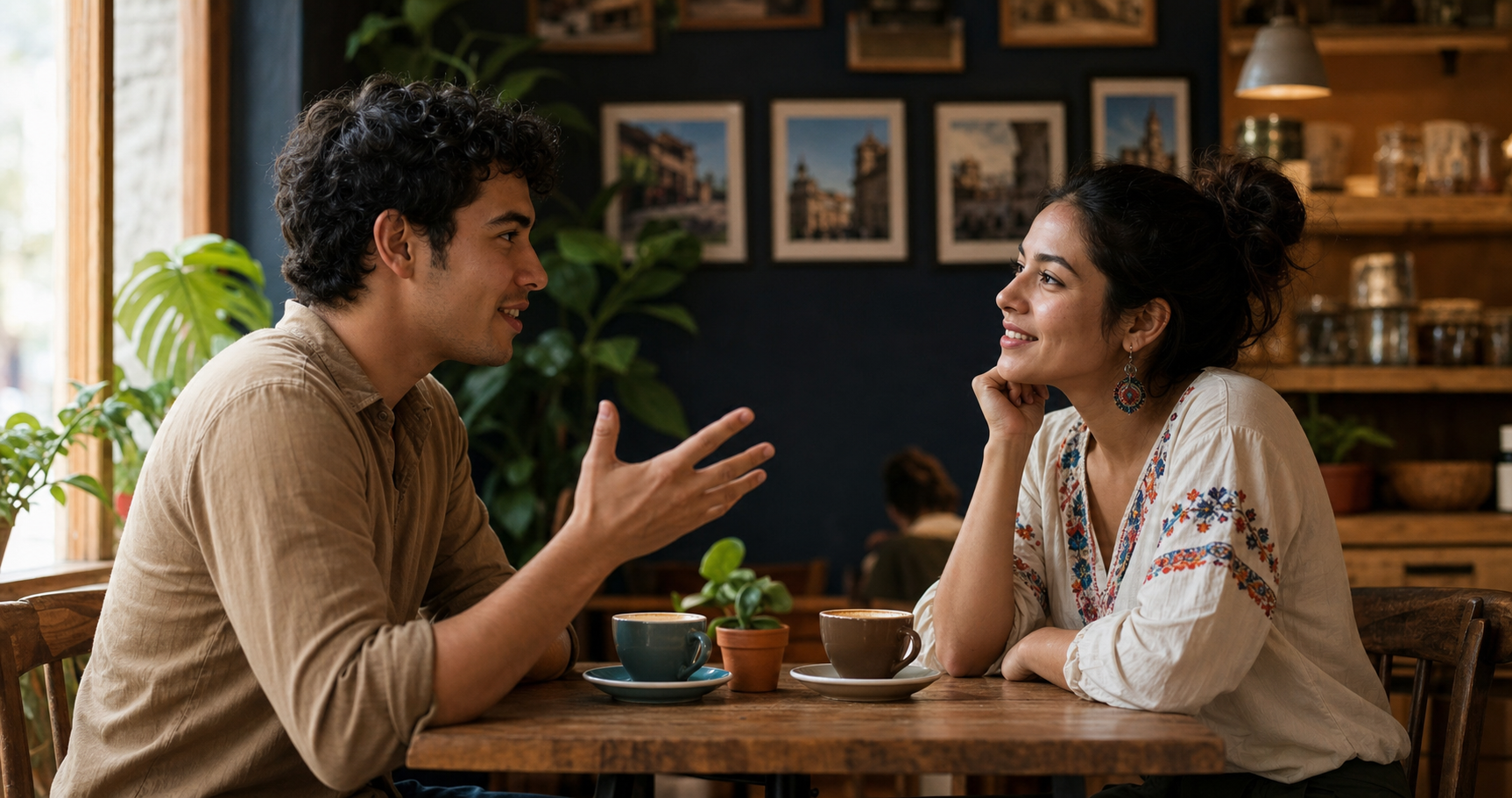 Two young adults having a friendly conversation in a casual coffee shop setting, one person gesturing while talking and the other listening attentively, warm natural lighting, realistic style, focus on the engaged and comfortable body language of intermediate language learners practicing conversation, Latin American setting with coffee cups on table between them