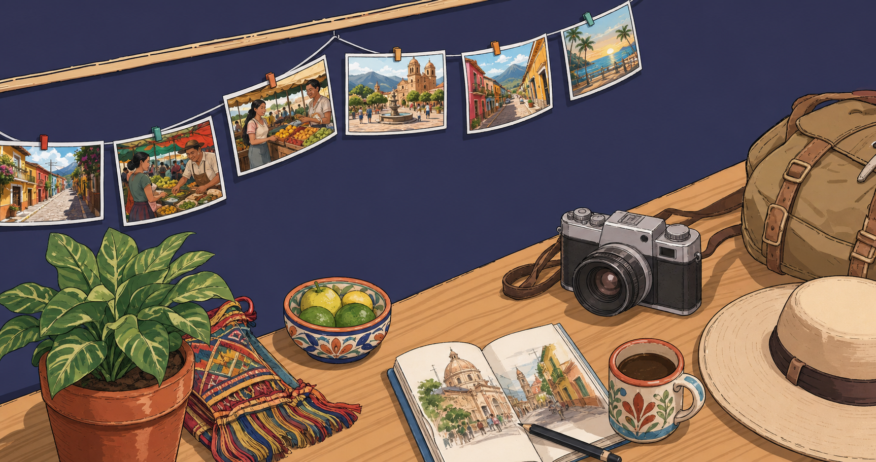A warm, inviting illustration of a traveler in a Spanish-speaking country street scene, with a colorful local market or plaza in the background, showing friendly interaction between a tourist and local vendor, vibrant Latin American architecture, market stalls with fresh produce, warm lighting, illustration style, no text or letters