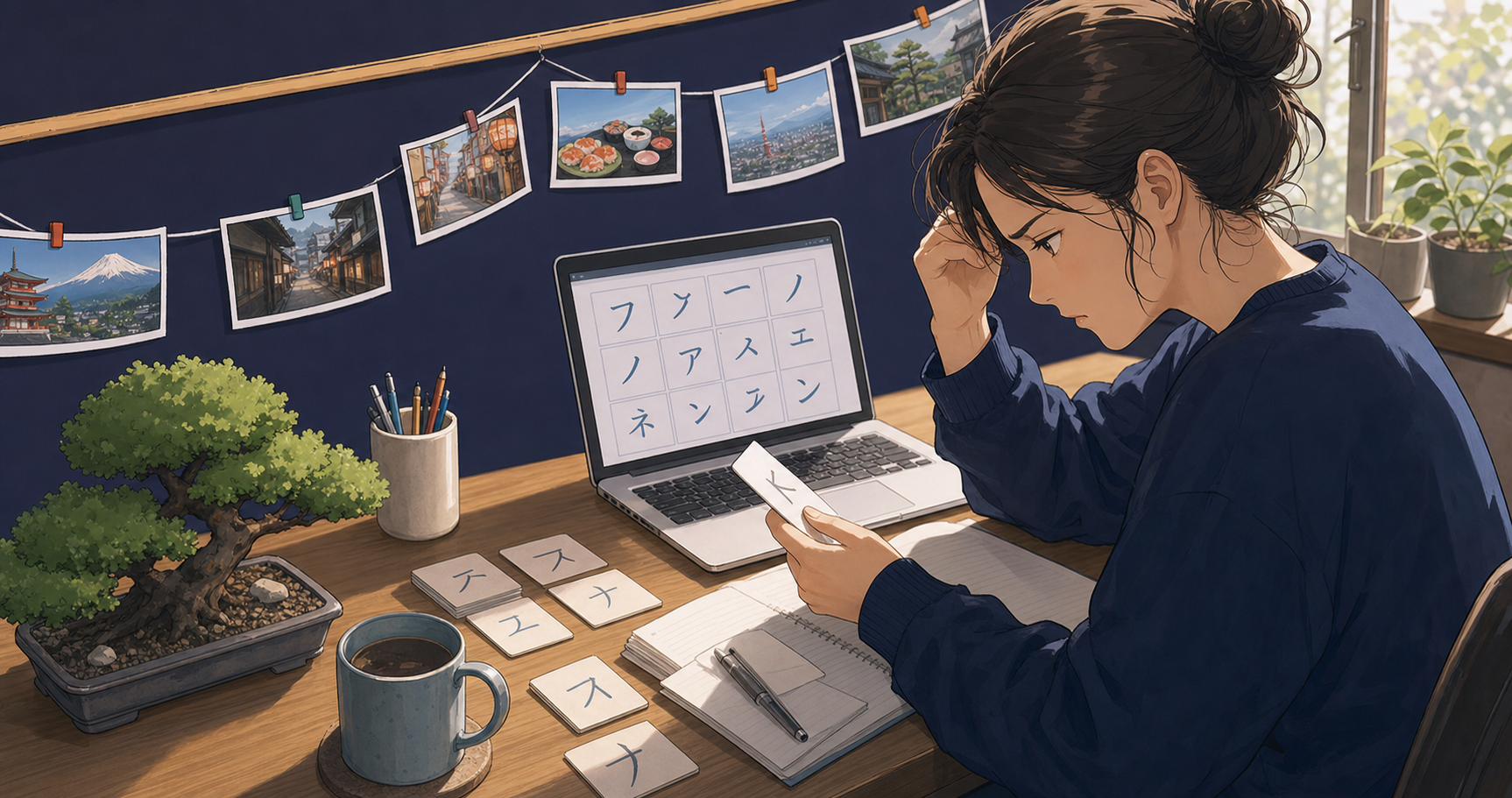 A focused adult learner sitting at a desk studying Japanese, looking slightly frustrated while reviewing katakana flashcards and notes, laptop open with Japanese text visible on screen, warm natural lighting from window, realistic style, close-up perspective showing concentration and determination, modern home study environment