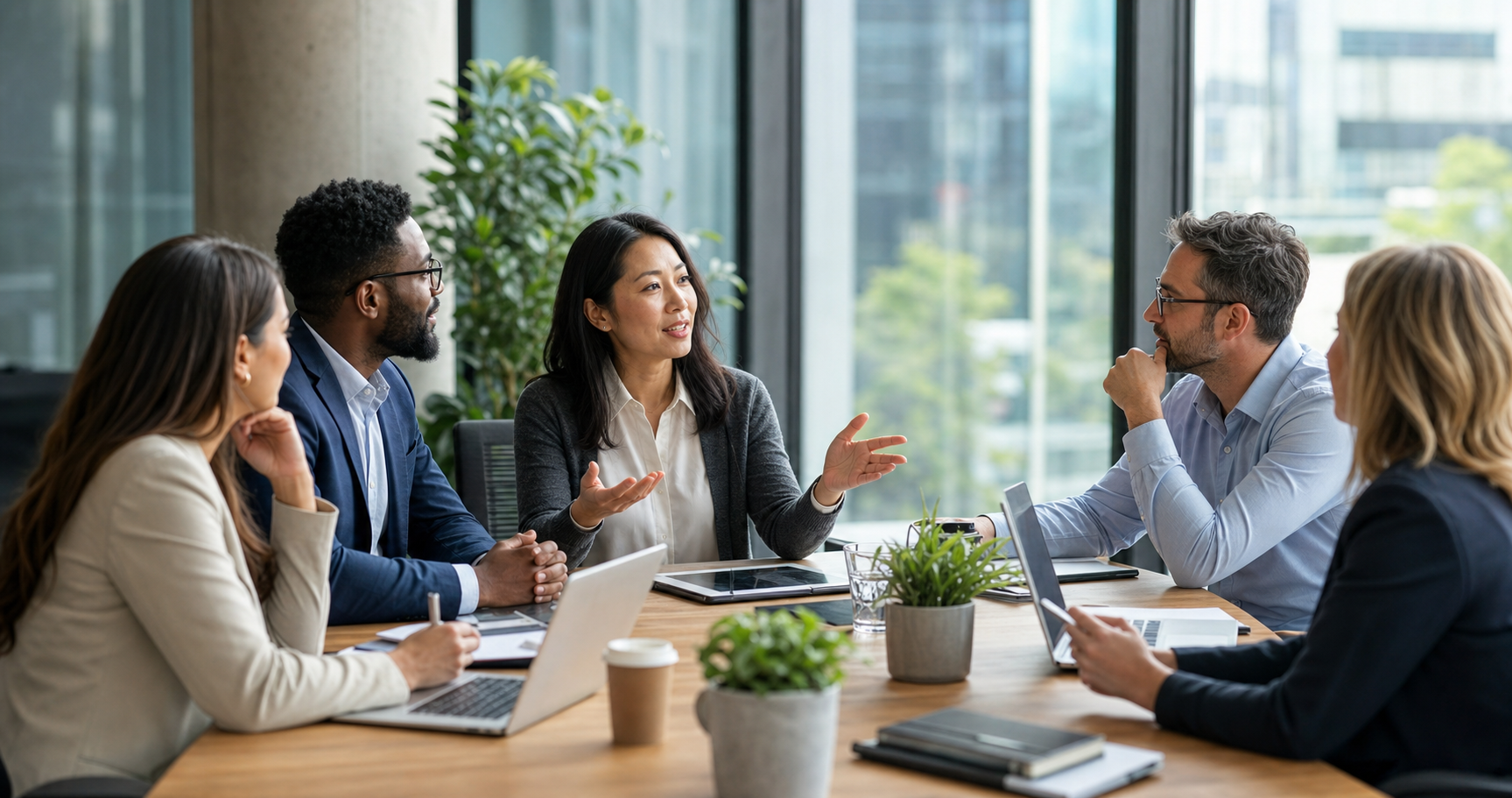 Professional business meeting scene in a modern office with diverse professionals having a discussion around a conference table, natural lighting from large windows, contemporary corporate setting, focus on engaged conversation and collaborative atmosphere, photorealistic style