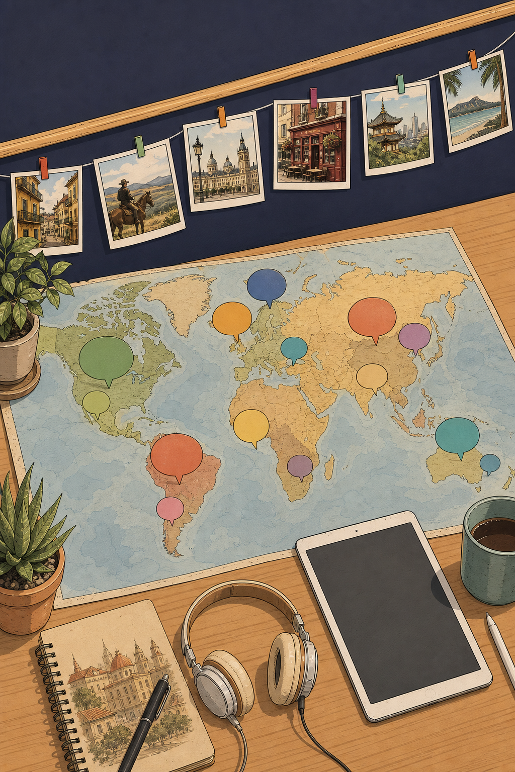 A warm, minimalist illustration depicting global language and regional accent diversity. A stylized world map rendered in soft earthy tones with gentle blues and warm neutrals, with abstract speech bubble shapes floating above different continents in varying sizes and subtle color variations to suggest different regional dialects. Small clusters of speech bubbles hover over areas like South America (Argentina, Mexico), Europe (Spain, UK), and Australia, with additional bubbles scattered across Asia and Africa suggesting broad language coverage. Flat illustration style, clean composition, soft natural lighting, muted color palette, no text or letters anywhere in the image, no flags with text, no labels.