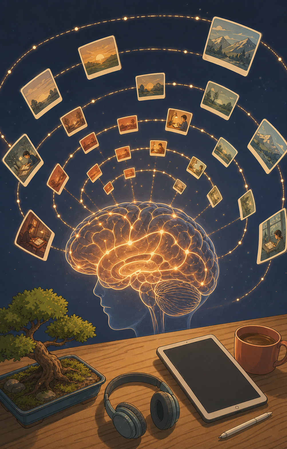 A stylized illustration of a human brain with glowing neural pathways lighting up in sequence, surrounded by floating abstract cards arranged in a spiral pattern showing increasing time intervals — the cards grow farther apart as the spiral expands outward. Warm amber and deep blue tones, clean modern illustration style, no text or letters anywhere.